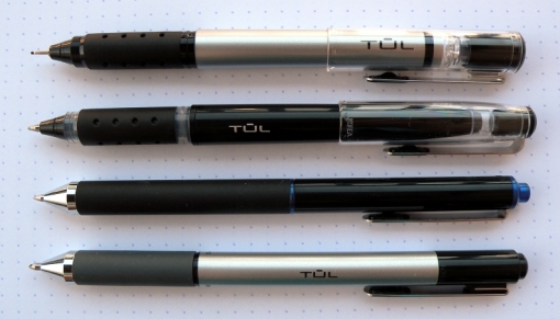 From top to bottom: marker pen, rollerball, gel pen, ballpoint
